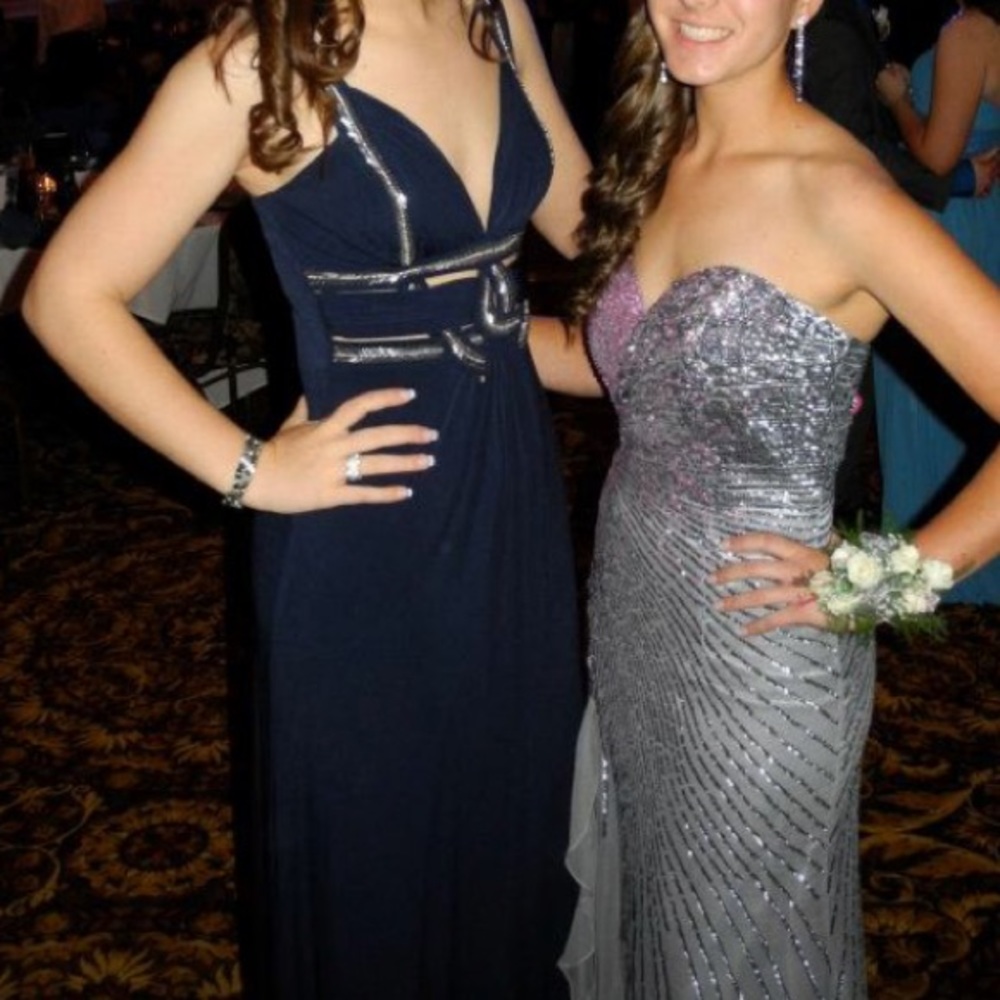 navy & silver guess prom dress